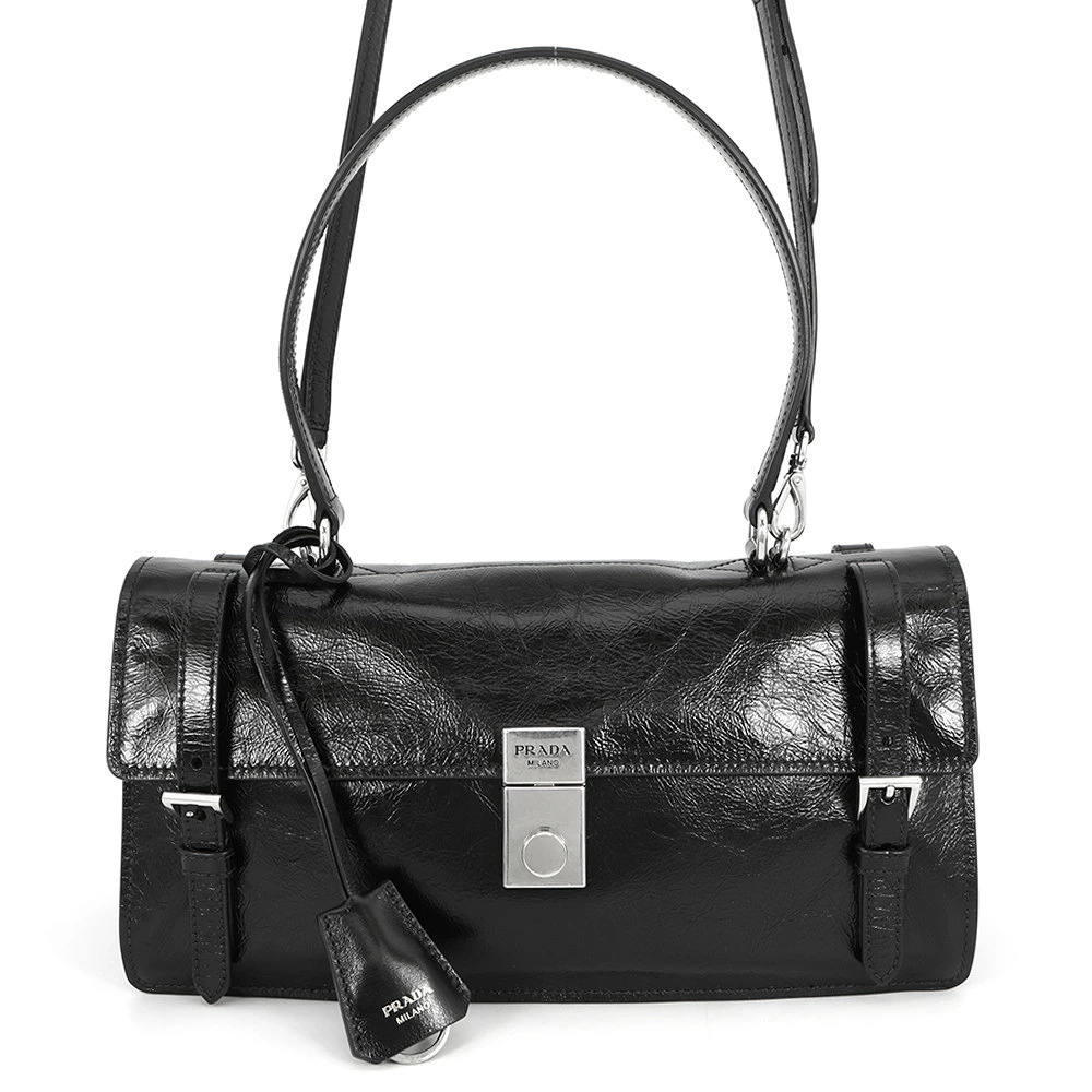 Prada black crinkled leather handle shoulder bag top handle
